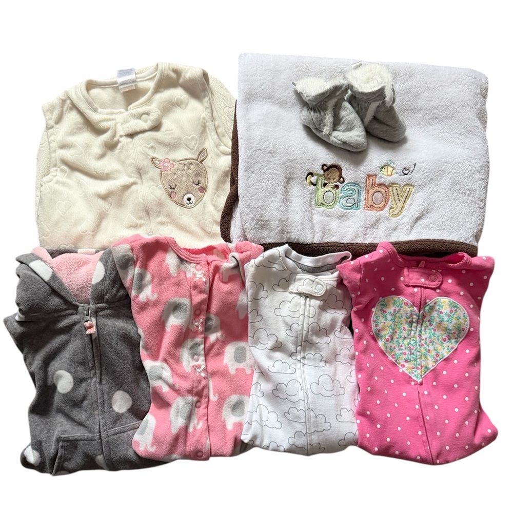 Baby 6mo. Sleepers, Sleep sack, Blanket, Free Booties